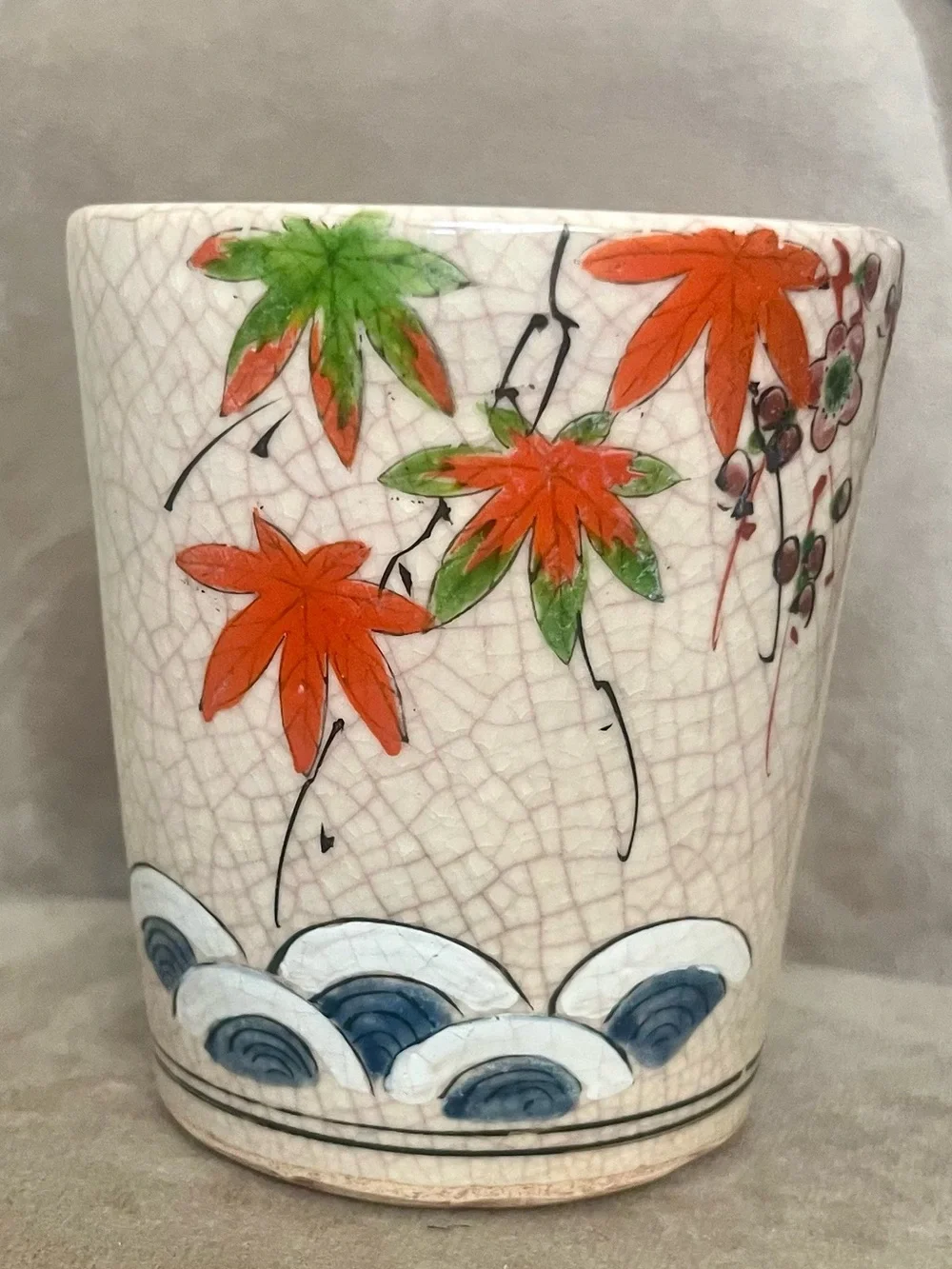 Vintage Japanese Yunomi Tea Cup Signed Maple Crackle Glaze